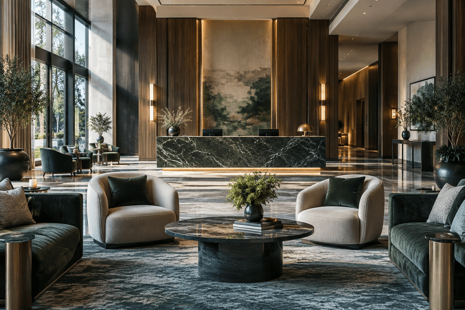 AI-generated illustrative hotel industry scene